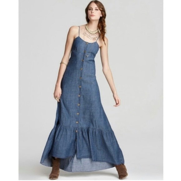 Free People Dresses & Skirts - Free People Boho Chambray Denim Prairie Open Back Maxi Dress Size Medium
